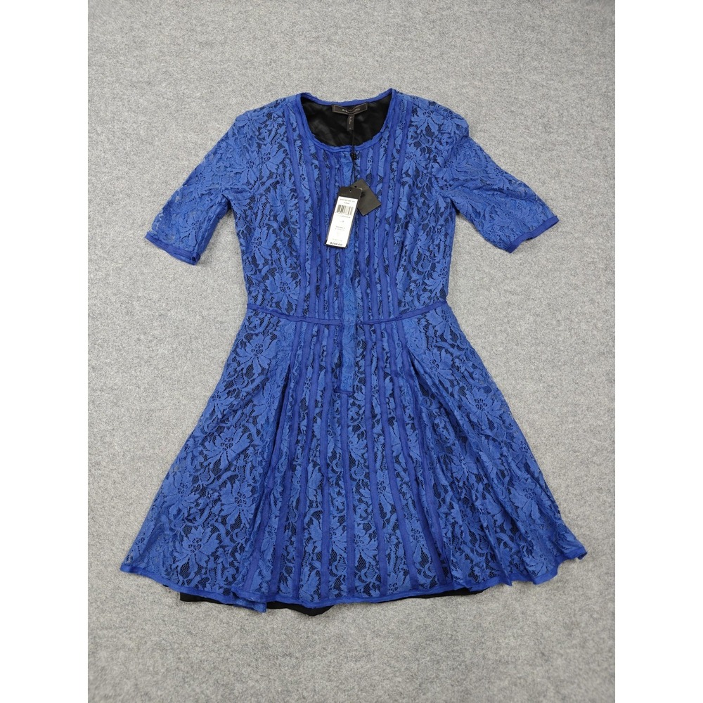 BCBGMAXAZRIA Dress Womens 0 Blue Floral Lace Fit & Flare Half Sleeve Short Party